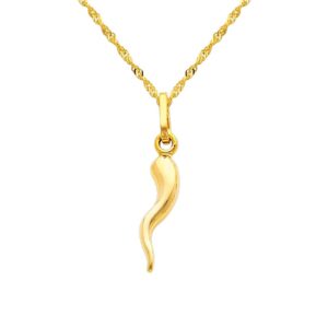 14k real yellow gold cornicello italian horn pendant with 1.2mm singapore chain necklace - 20"