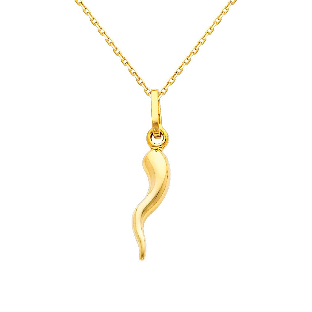 The World Jewelry Center 14k REAL Yellow Gold Cornicello Italian Horn Pendant with 0.9mm Cable Chain Necklace - 16"