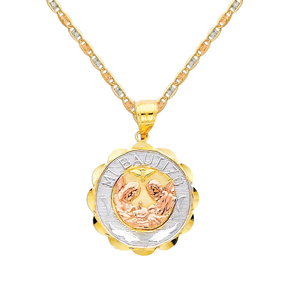 The World Jewelry Center 14k REAL Tri-color Gold Religious Baptism Pendant with 1.5mm Diamond Cut Chain Necklace - 22"