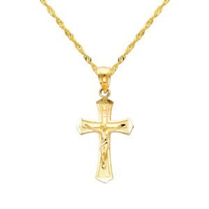 the world jewelry center 14k real yellow gold jesus cross religious pendant with 1.2mm singapore chain necklace - 18"