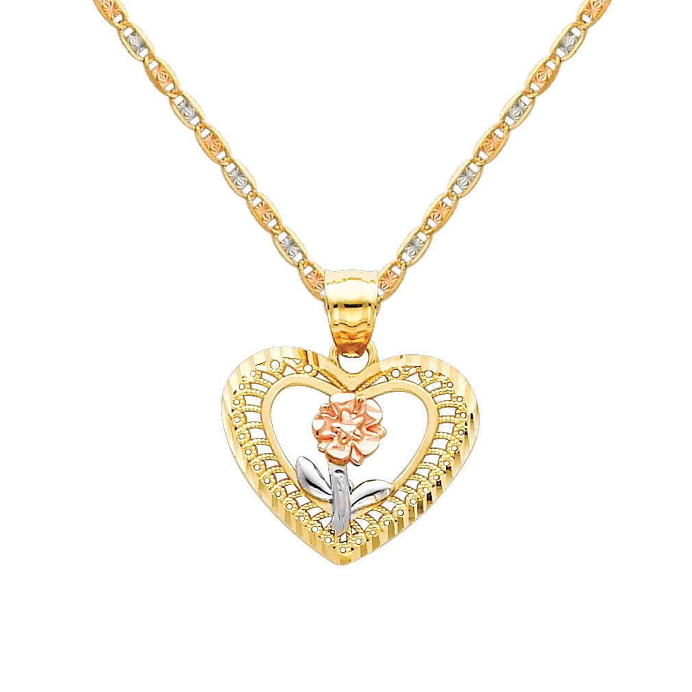 The World Jewelry Center 14k REAL Tri Color Gold Flower in Heart Pendant with 1.5mm Diamond Cut Chain Necklace - 22"