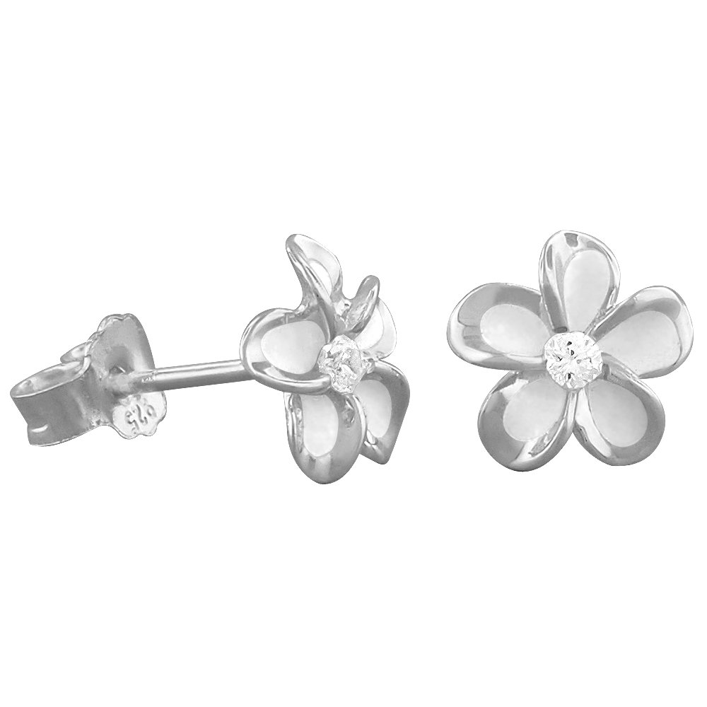 Hawaiian Silver Jewelry Plumeria Womens Stud Earrings – Hawaiian Flower Stud Earrings for Women – Sterling Silver Flower Earrings with CZ Stone – Sterling Silver Plumeria Earrings 7mm