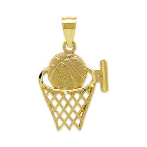 Gold Basketball Hoop Charm Pendant - 10 Karat Gold - Sports Jewelry - Basketball Team Jewelry (Style 4)