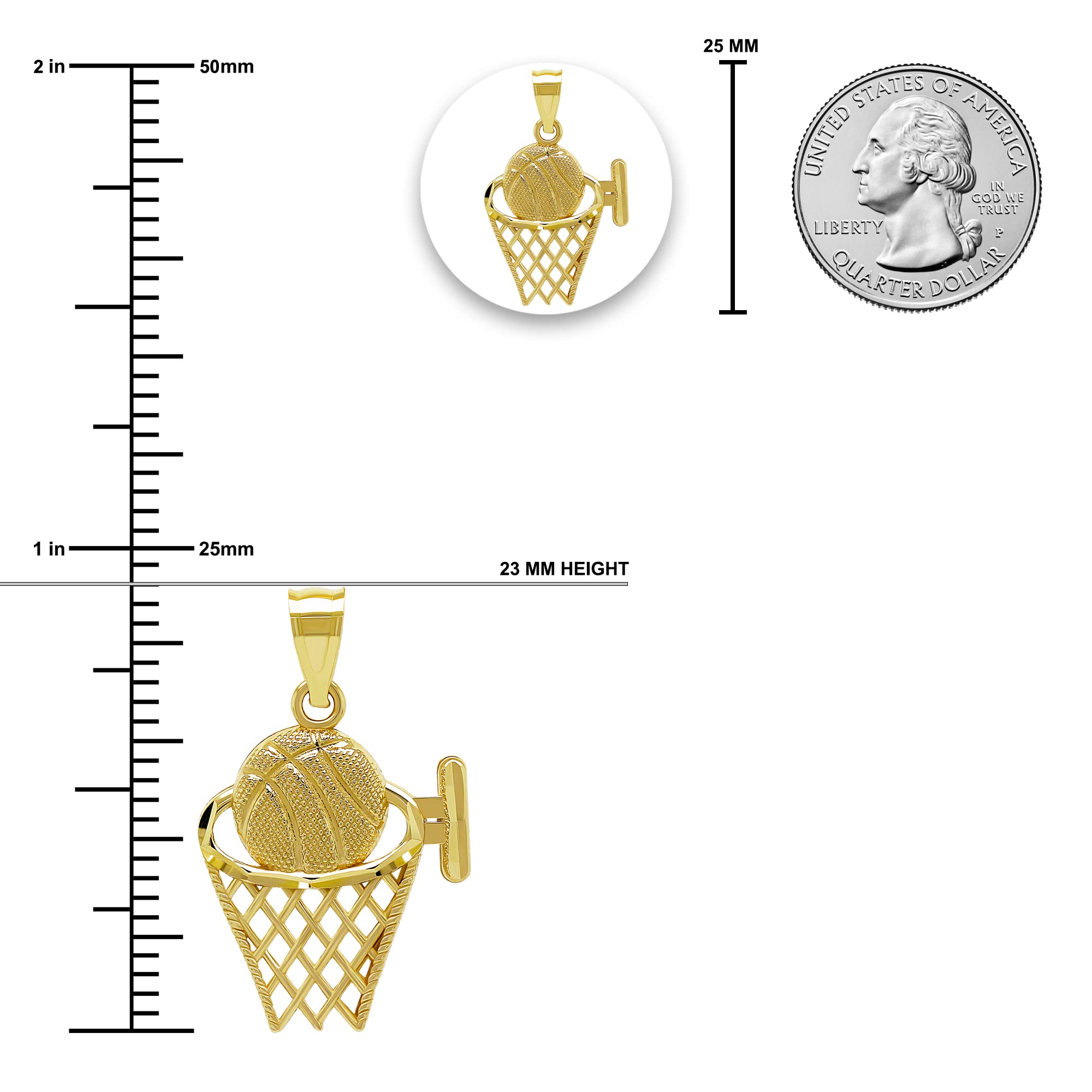 Gold Basketball Hoop Charm Pendant - 10 Karat Gold - Sports Jewelry - Basketball Team Jewelry (Style 4)