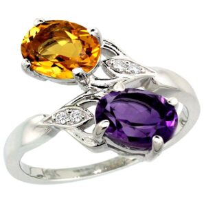 10k white gold amethyst & citrine 2-stone mother's ring oval 8x6mm diamond accents, 3/4 inch wide, size 10