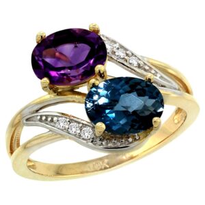 silver city jewelry 10k yellow gold diamond amethyst & london blue topaz 2-stone ring oval 8x6mm, size 8