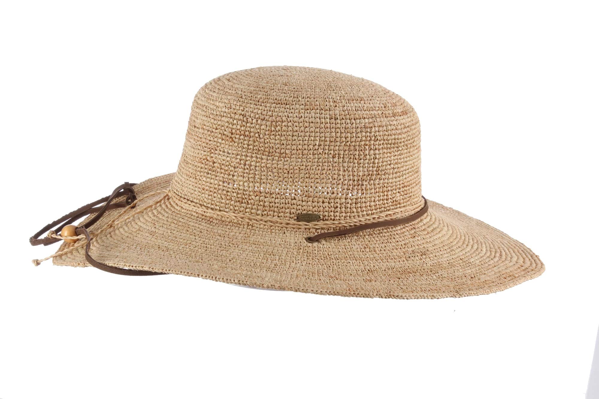 Scala Women's Big Brim Raffia Hat with Leather Chin Cord, Natural, One Size