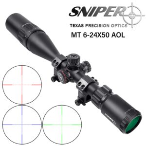 SNIPER MT 6-24x50 Rifle Scope with Red/Green/Blue Illuminated Reticle Riflescope, Adjustable Objective