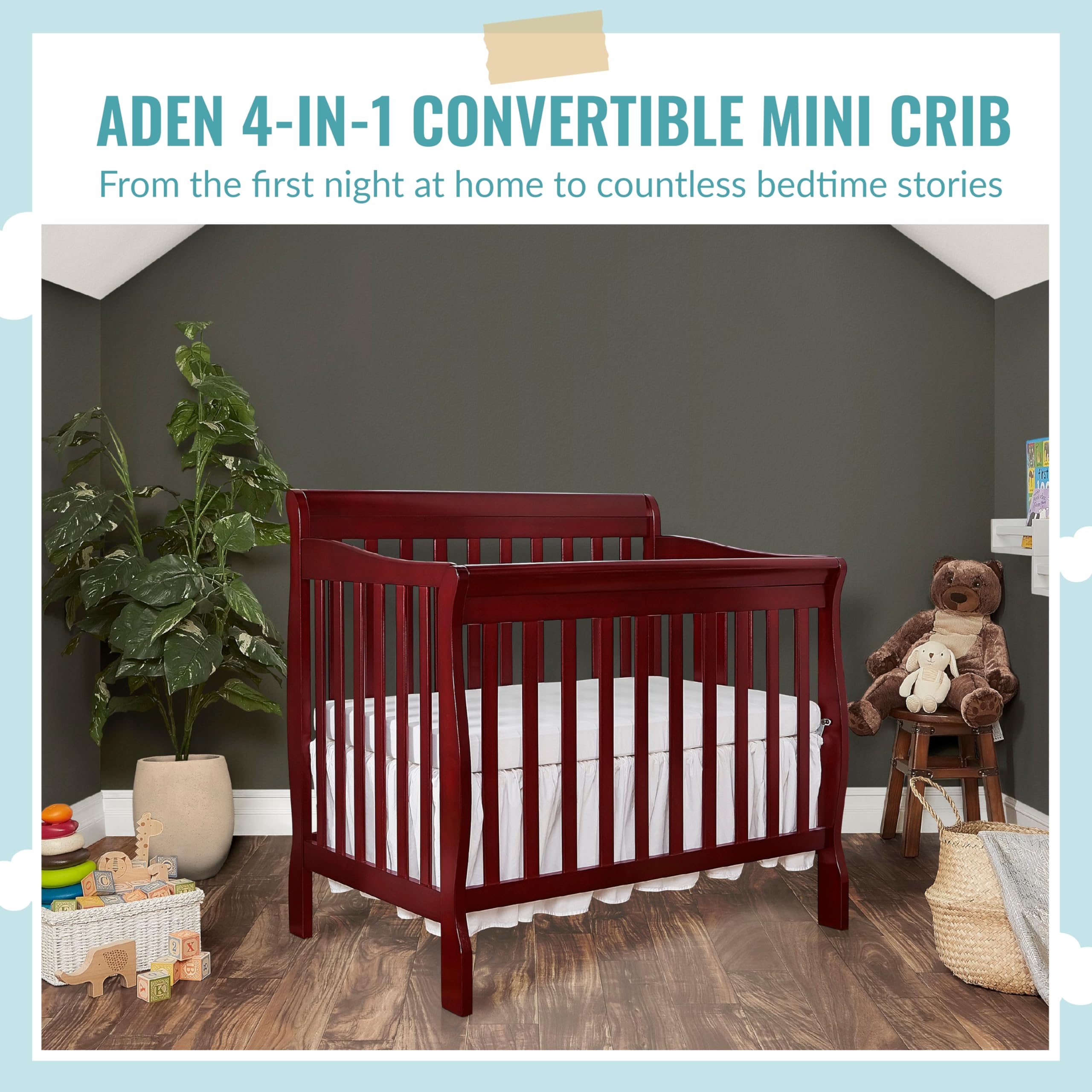 Dream On Me Aden 4-in-1 Convertible Mini Crib In Cherry, Greenguard Gold Certified, Non-Toxic Finish, New Zealand Pinewood, With 3 Mattress Height Settings