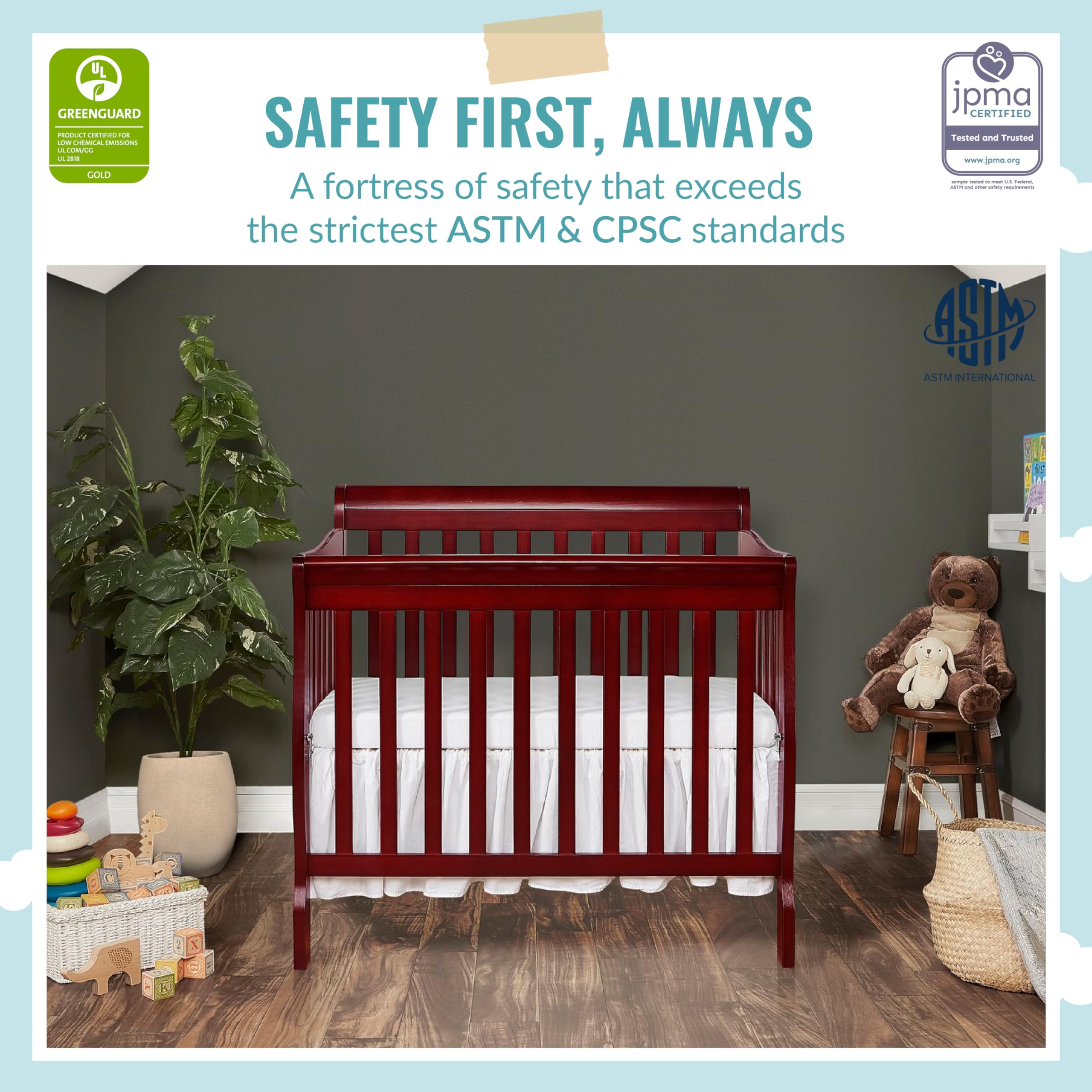 Dream On Me Aden 4-in-1 Convertible Mini Crib In Cherry, Greenguard Gold Certified, Non-Toxic Finish, New Zealand Pinewood, With 3 Mattress Height Settings