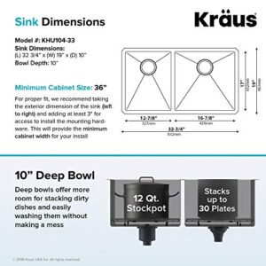 KRAUS Standart PRO 33-inch 16 Gauge Undermount 60/40 Double Bowl Stainless Steel Kitchen Sink, KHU104-33