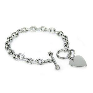 stainless steel trendy cable chain bracelet with heart charm and toggle clasp closure, high polished finished, 7.5"