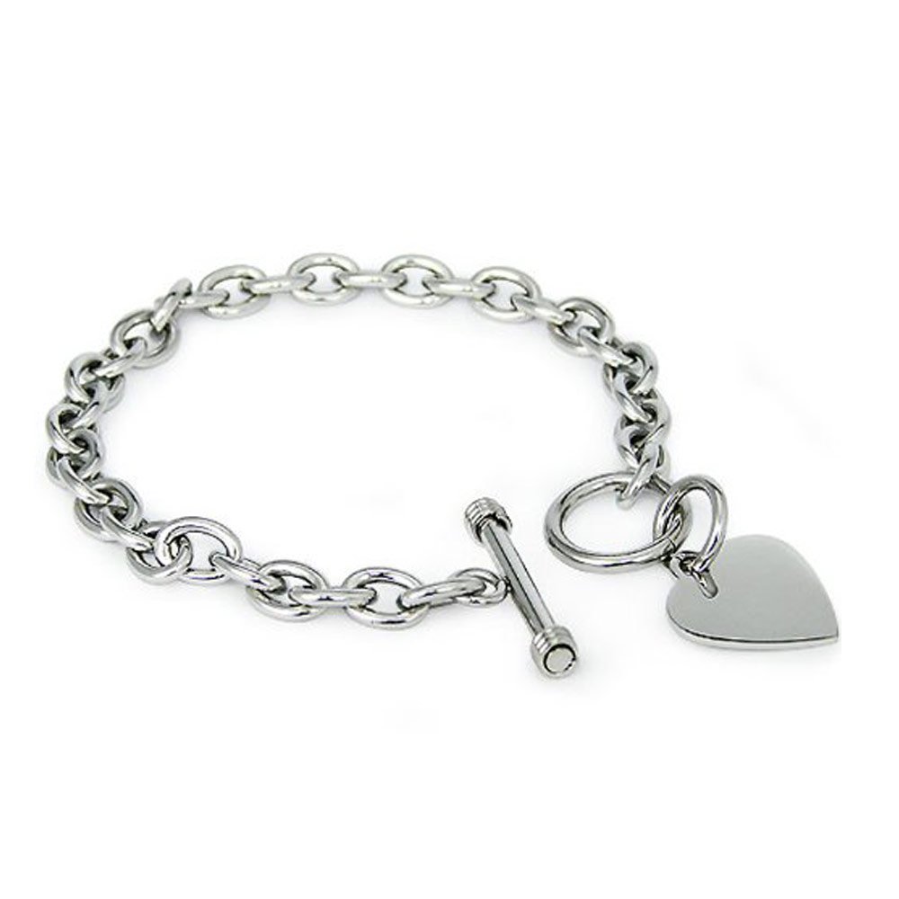 Stainless Steel Trendy Cable Chain Bracelet with Heart Charm and Toggle Clasp Closure, High Polished Finished, 7.5"