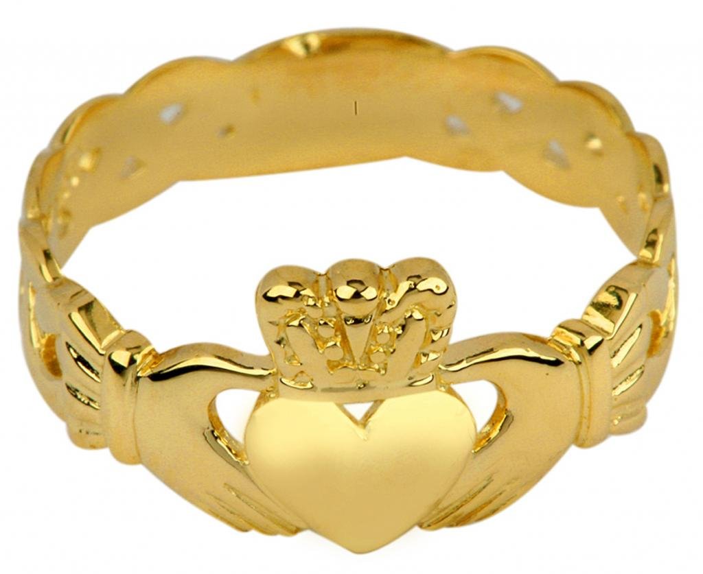 14k Yellow Gold Claddagh Ring with Trinity Band (14K Gold, 7)