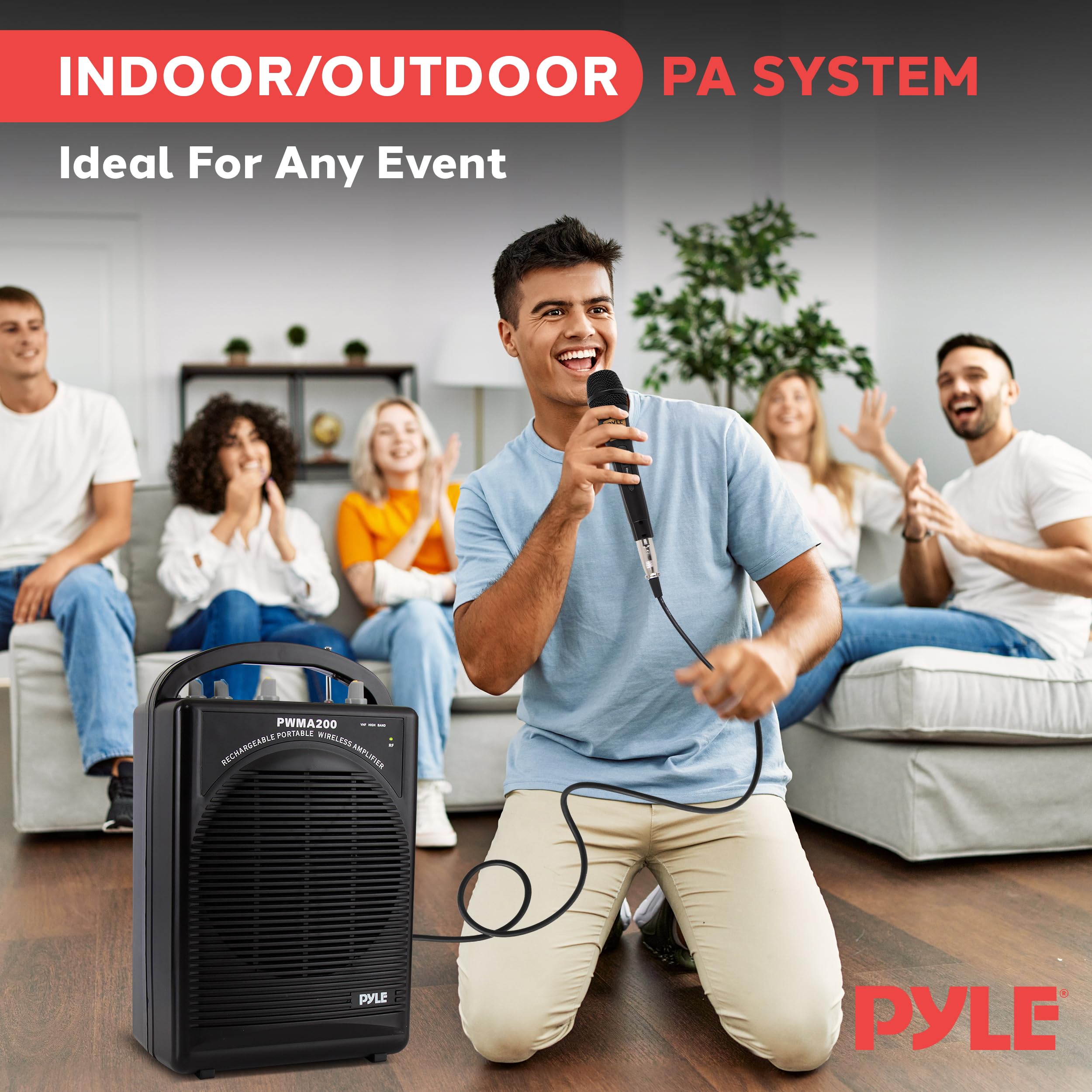 Pyle Portable PA Speaker & Microphone System - FM Stereo Radio, Built-in Rechargeable Battery, Aux & Microphone Inputs, Includes Beltpack, Hand-held Headset & Lavalier Mics - Black