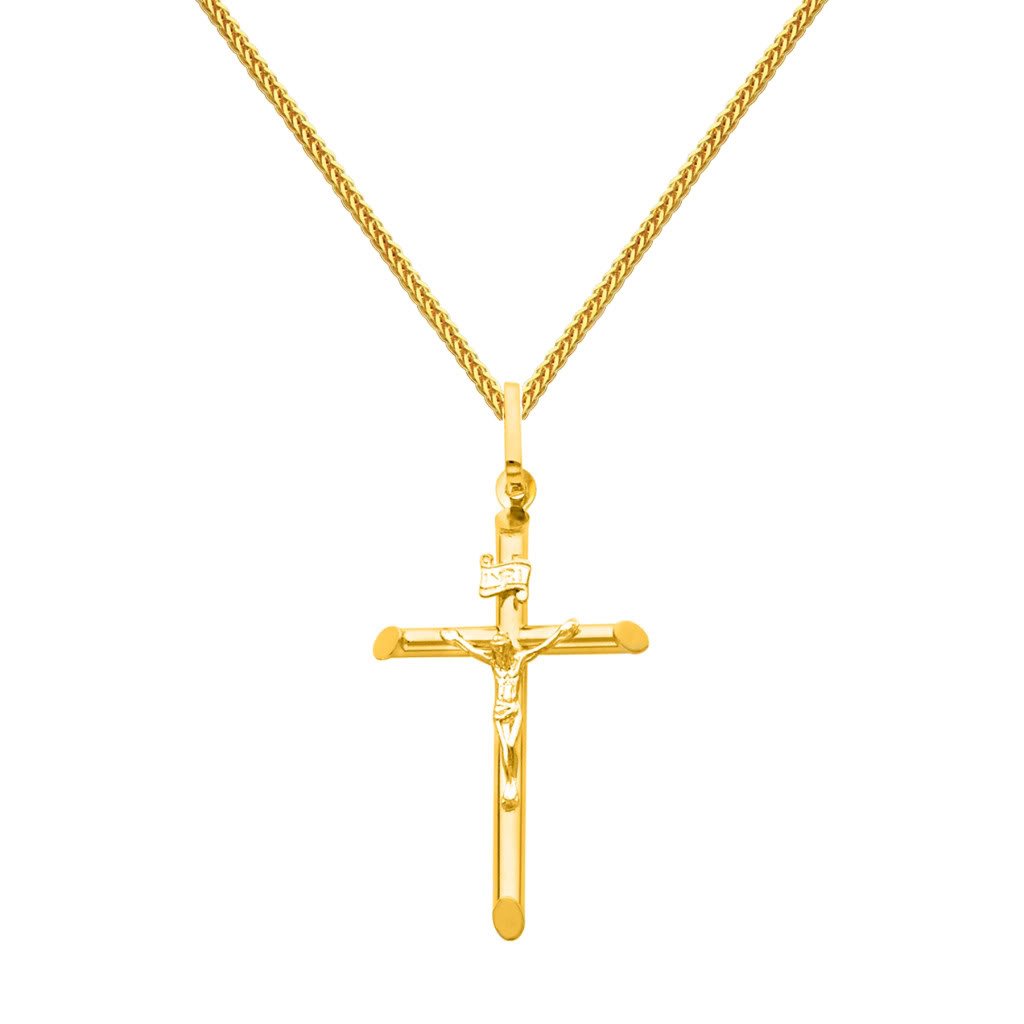 The World Jewelry Center 14k REAL Yellow Gold Crucifix Cross Pendant with 1mm Braided Square Wheat Chain Necklace - 18"