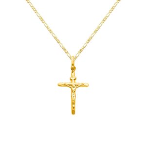 The World Jewelry Center 14k REAL Yellow Gold Crucifix Cross Pendant with 1.6mm Figaro Chain Necklace - 18"