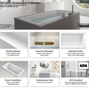 KOHLER K-1834-0 Underscore Rectangle 72-Inch x 36-Inch drop-in bath with center drain, White