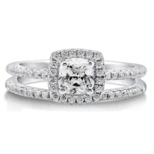 BERRICLE Sterling Silver Halo Wedding Engagement Rings Cushion Cut Cubic Zirconia CZ Ring Set for Women, Rhodium Plated Size 7