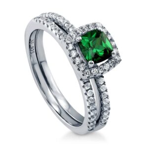 BERRICLE Sterling Silver Halo Wedding Engagement Rings Simulated Emerald Cushion Cut Cubic Zirconia CZ Ring Set for Women, Rhodium Plated Size 6