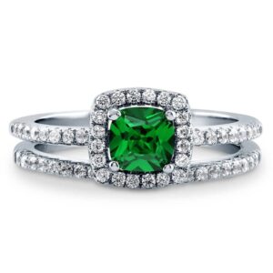 BERRICLE Sterling Silver Halo Wedding Engagement Rings Simulated Emerald Cushion Cut Cubic Zirconia CZ Ring Set for Women, Rhodium Plated Size 6