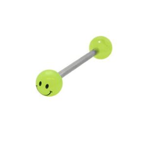 green acrylic uv tongue ring smiley face glow in the dark beads 14g surgical steel straight barbell tongue piercing jewelry 5/8" 16mm