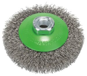 bosch 2608622108 conical brush crimped wire, 0.35mm, 100mm x m14, inox, silver/green