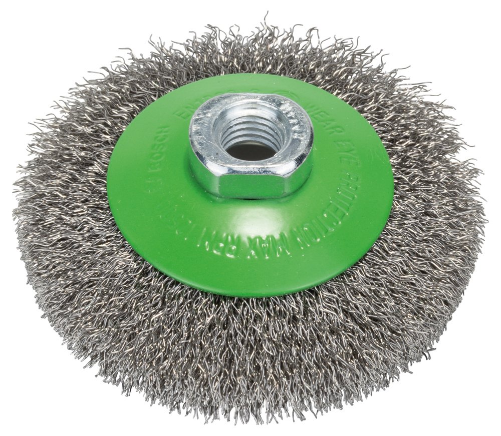 Bosch 2608622108 Conical Brush Crimped Wire, 0.35mm, 100mm x M14, Inox, Silver/Green