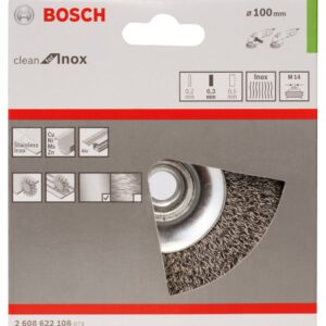 Bosch 2608622108 Conical Brush Crimped Wire, 0.35mm, 100mm x M14, Inox, Silver/Green