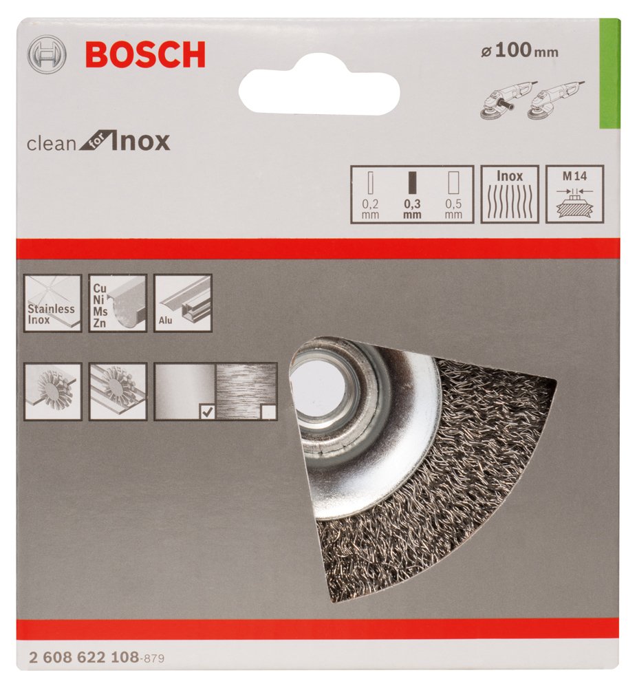 Bosch 2608622108 Conical Brush Crimped Wire, 0.35mm, 100mm x M14, Inox, Silver/Green