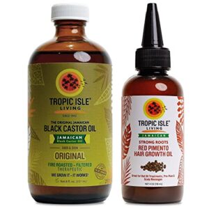 jamaican black castor oil 8oz & strong roots red pimento hair growth oil 4oz set | rich in vitamin e, omega fatty acids and minerals | for hair growth oil, skin conditioning, eyebrows & eyelashes