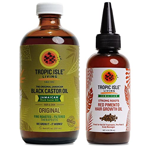 Jamaican Black Castor Oil 8oz & Strong Roots Red Pimento Hair Growth Oil 4oz SET | Rich in Vitamin E, Omega Fatty Acids and Minerals | For Hair Growth Oil, Skin Conditioning, Eyebrows & Eyelashes