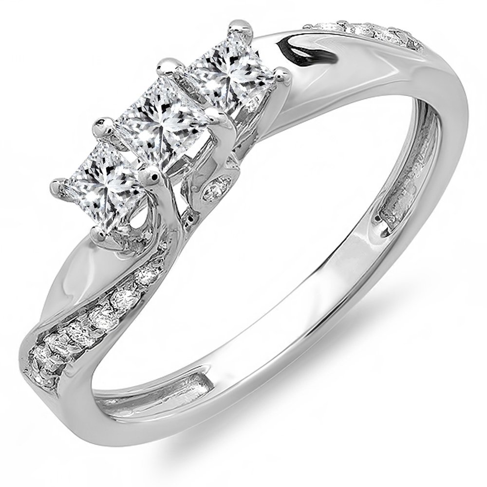 Dazzlingrock Collection 0.50 Carat (ctw) 10K Princess & Round Diamond 3 Stone Engagement Ring 1/2 CT, White Gold, Size 7