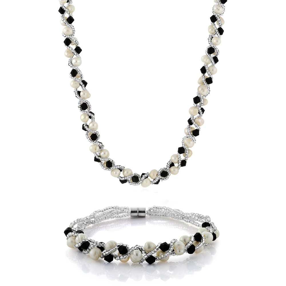 Gem Stone King White Cultured Freshwater Pearl and Black Crystal Necklace Bracelet Wedding Jewelry Set for Women | Necklace 17 Inch | Bracelet 7 Inch