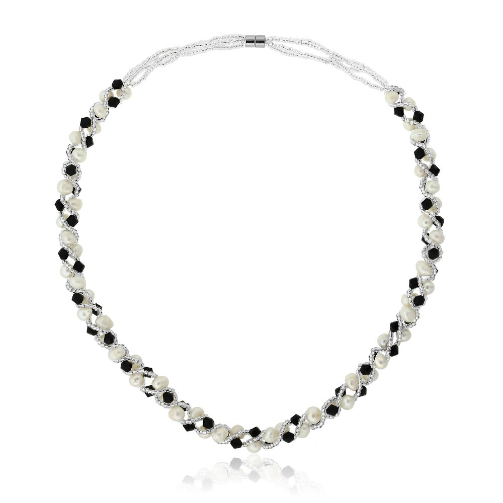 Gem Stone King White Cultured Freshwater Pearl and Black Crystal Necklace Bracelet Wedding Jewelry Set for Women | Necklace 17 Inch | Bracelet 7 Inch