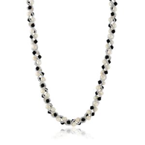 Gem Stone King White Cultured Freshwater Pearl and Black Crystal Necklace Bracelet Wedding Jewelry Set for Women | Necklace 17 Inch | Bracelet 7 Inch