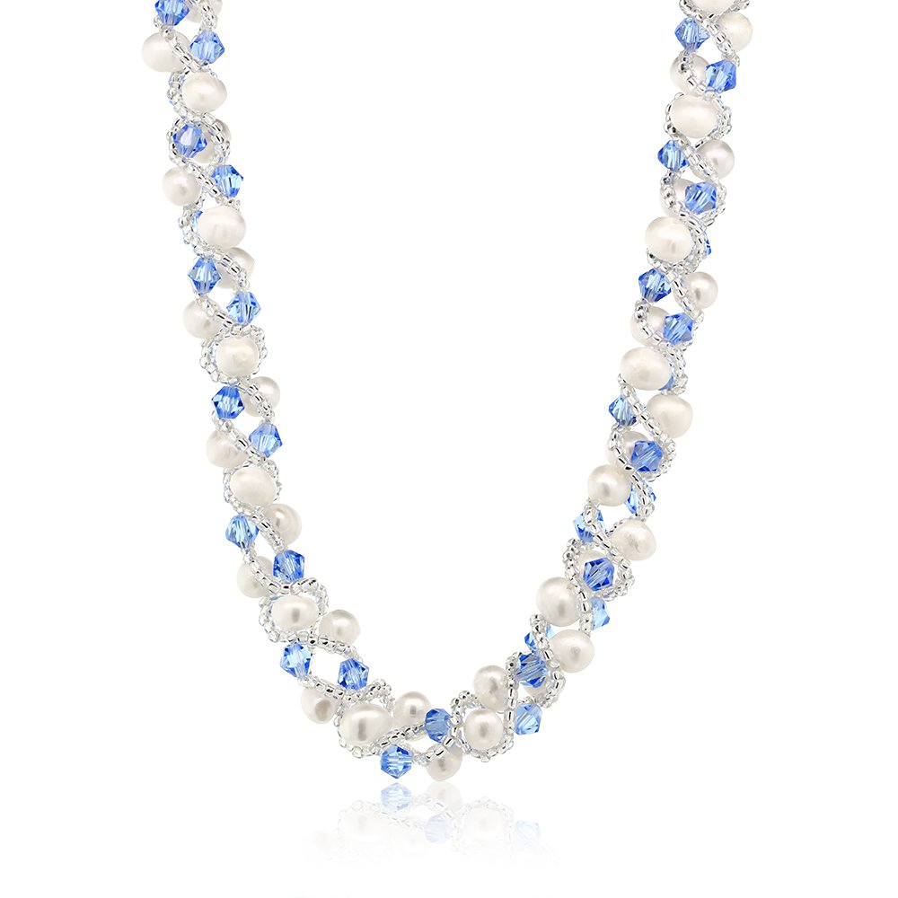 Gem Stone King 17 Inch White Cultured Freshwater Pearl and Blue Crystal Mash Necklace and Bracelet Set For Women (Necklace: 17 Inch, Bracelet: 6.5 Inch)