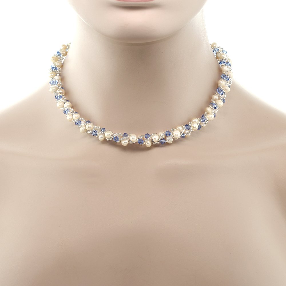 Gem Stone King 17 Inch White Cultured Freshwater Pearl and Blue Crystal Mash Necklace and Bracelet Set For Women (Necklace: 17 Inch, Bracelet: 6.5 Inch)