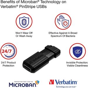 Verbatim 64GB PinStripe Retractable USB 2.0 Flash Thumb Drive with Microban Antimicrobial Product Protection – Black