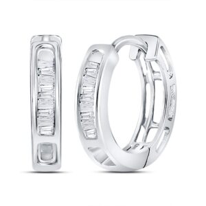 14kt white gold womens baguette diamond huggie hoop earrings 1/6 cttw