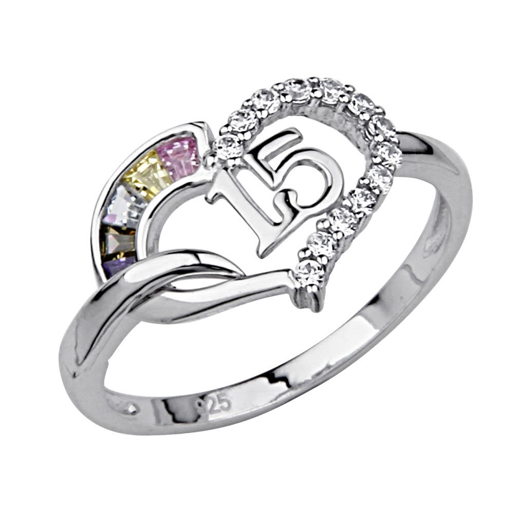 The World Jewelry Center .925 Sterling Silver Rhodium Plated Sweet 15 Heart Ring - Size 7