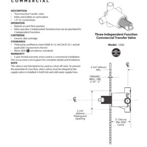 Moen 3360 Commercial Brass Three-Function Shower Transfer Valve, Standard 1/2-Inch CC Connections