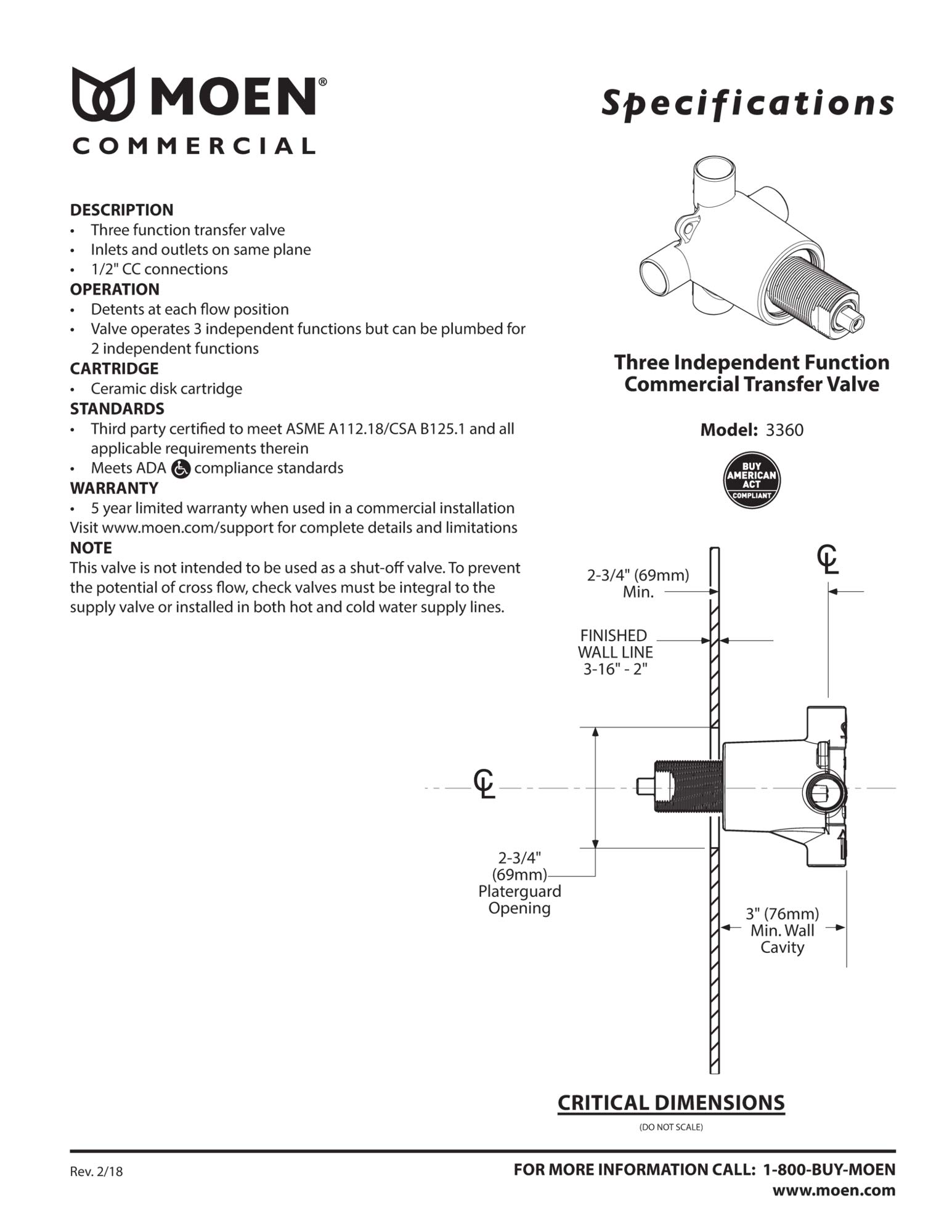 Moen 3360 Commercial Brass Three-Function Shower Transfer Valve, Standard 1/2-Inch CC Connections