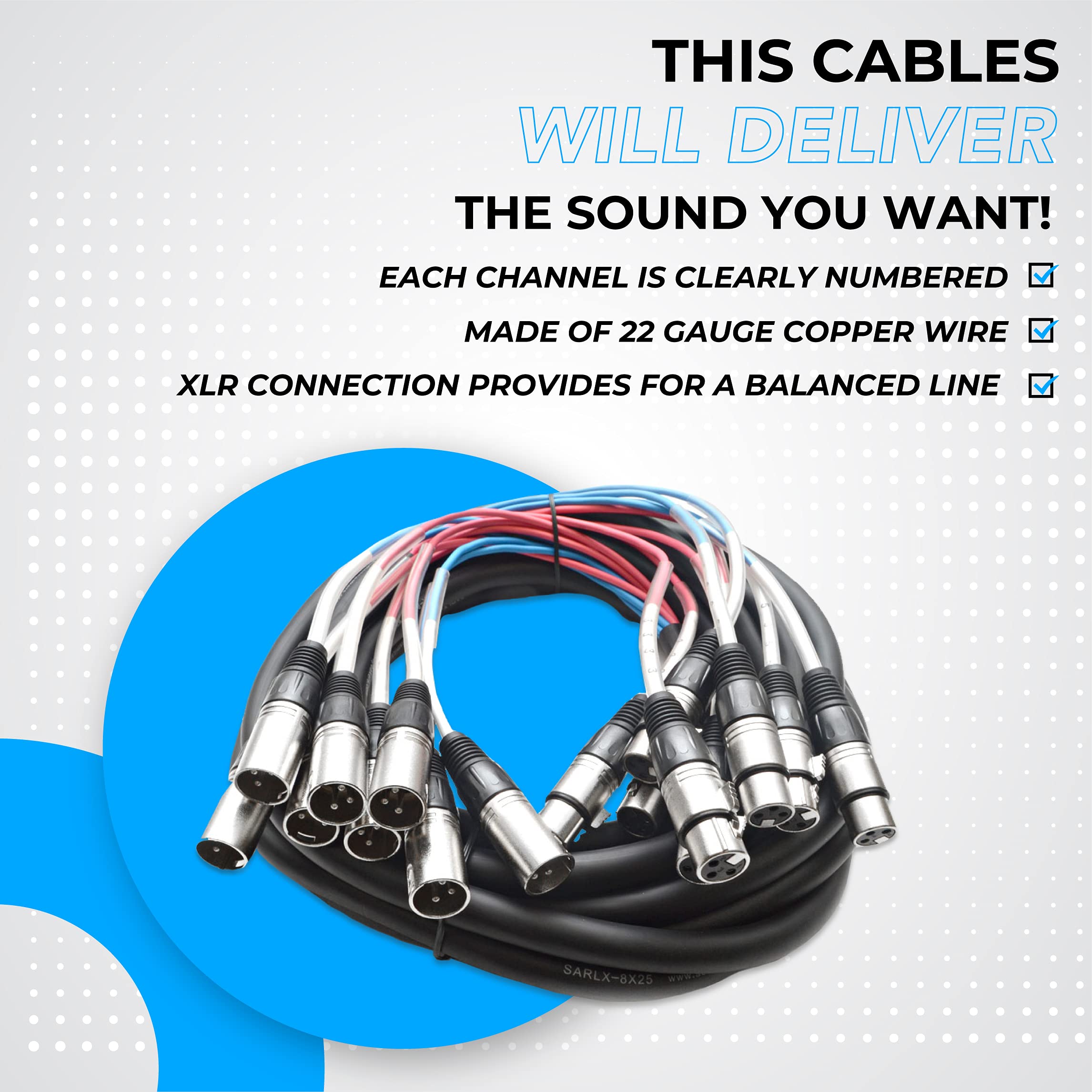 Seismic Audio Speakers 8 Channel XLR Snake Cables, Pro Audio Snake Cables, 25 Foot, Multiple Colored Coded Cables