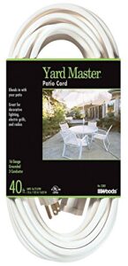 yard master 992382 white patio 40-foot; 3-pronged; 16 gauge extension cord; 13 amps; 125 volts; 1625 watts; ideal for use with outdoor appliances; decorative lights and holiday displays