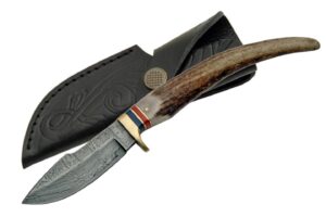 szco supplies 8" stag grip damascus steel outdoor hunting knife with sheath, brown, one size, dm-1029