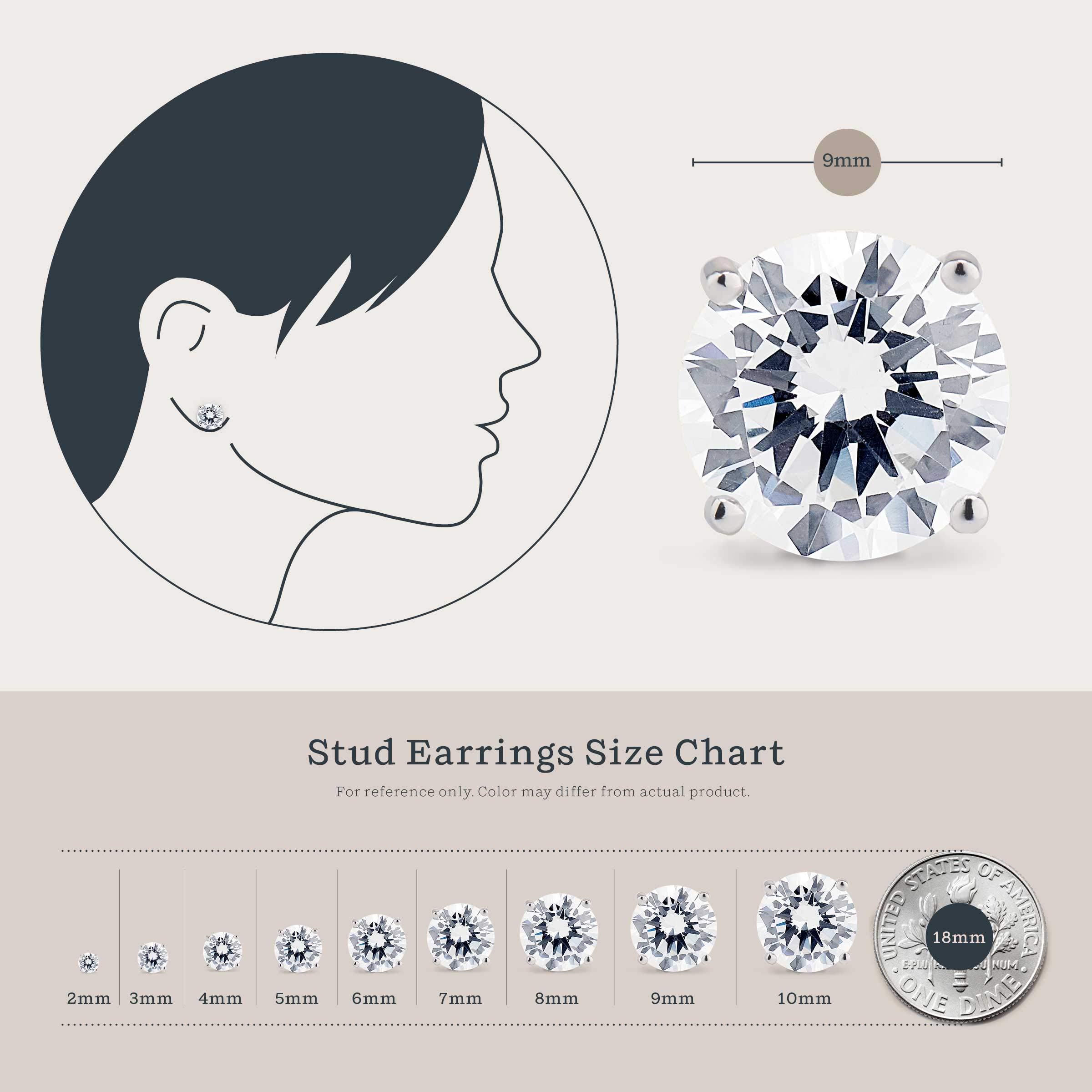 Kezef Rhodium Plated Sterling Silver Stud Earrings for Women and Men, Round Brilliant Cut CZ Cubic Zirconia in .925 Silver Basket Setting