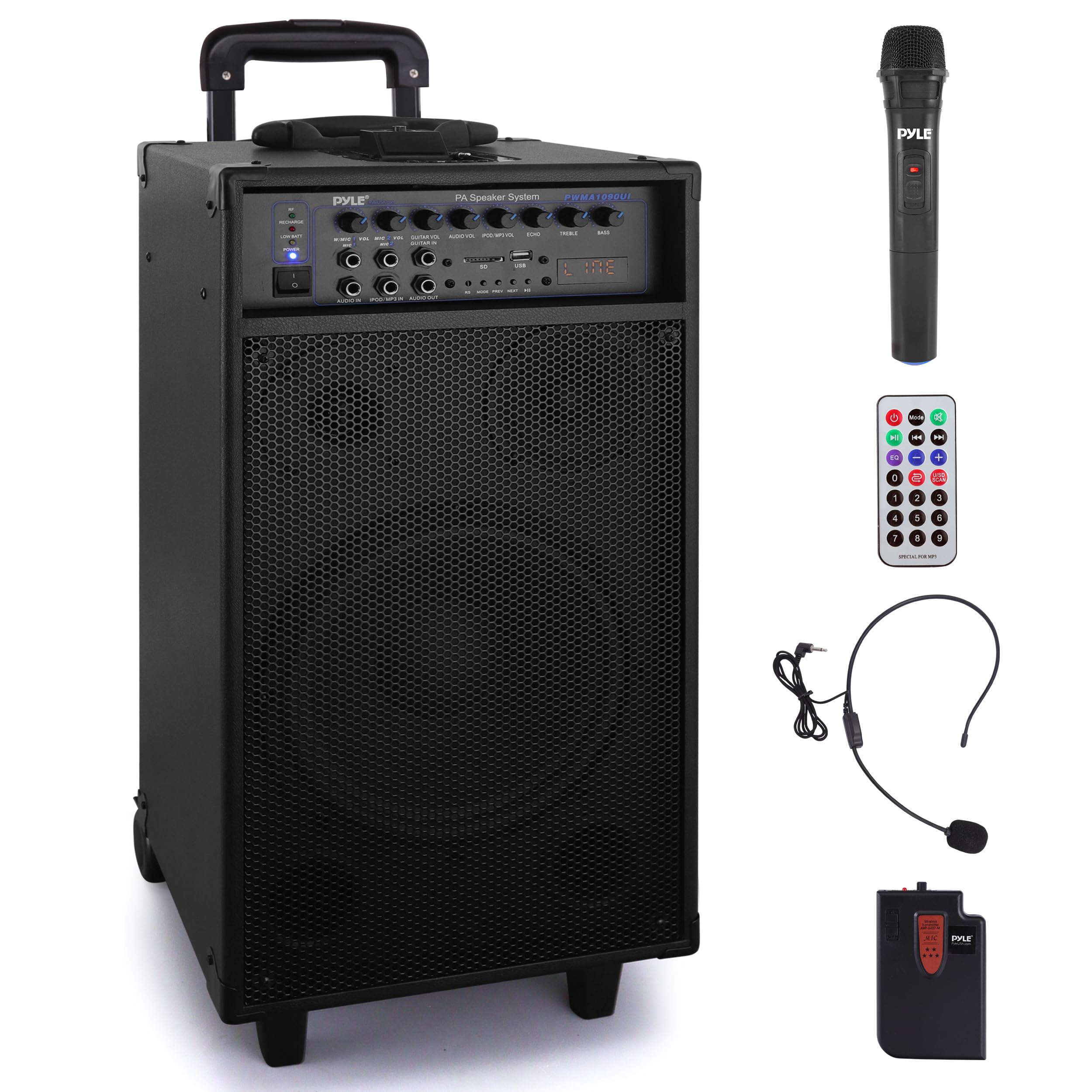 Pyle 800 Watt Outdoor Portable Wireless PA Loud speaker - 10'' Subwoofer Sound System with Charge Dock, Rechargeable Battery, Radio, USB / SD Reader, Microphone, Remote, Wheels - PWMA1090UI