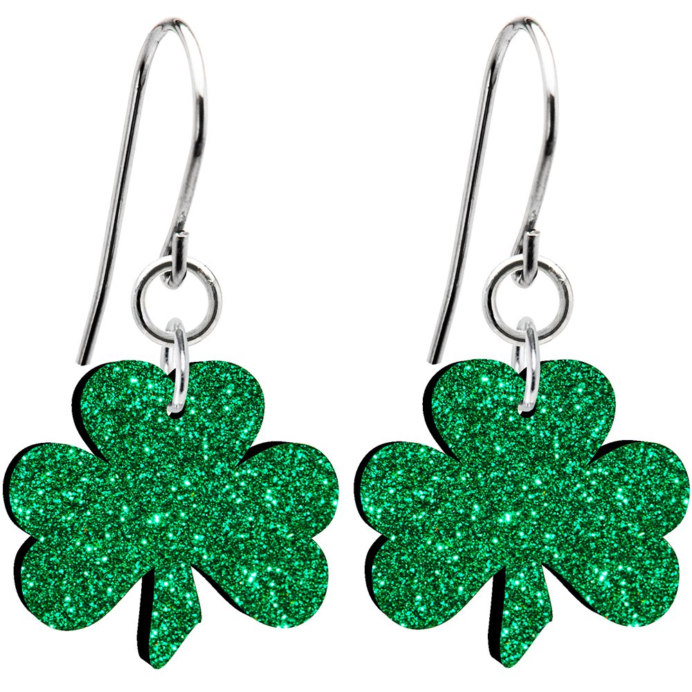 Body Candy Green Glitter Stainless Steel Fishhook Luck Clover Irish Shamrock Earrings for Women