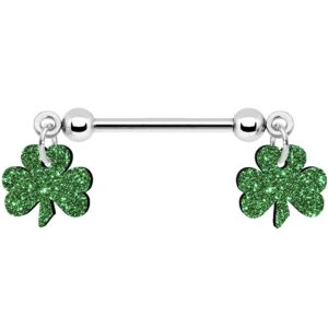 body candy green glitter shamrock nipple ring set of 2